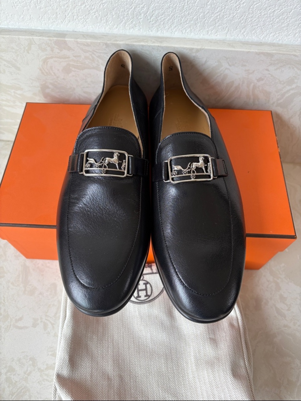 Hermes Black Leather Men's Loafers with Silver Horsebit Plaque